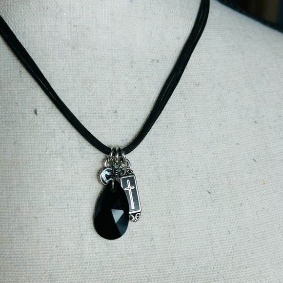 Brighton Blessings Cross Necklace 3 Pendants Crystal Black Cord Silver Plated - Picture 8 of 11